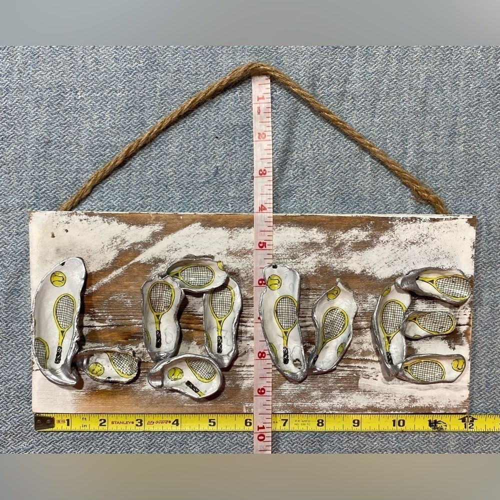 Wall Door Hanging Made of Oyster Shells Tennis LOVE Design Handmade - Picture 4 of 6